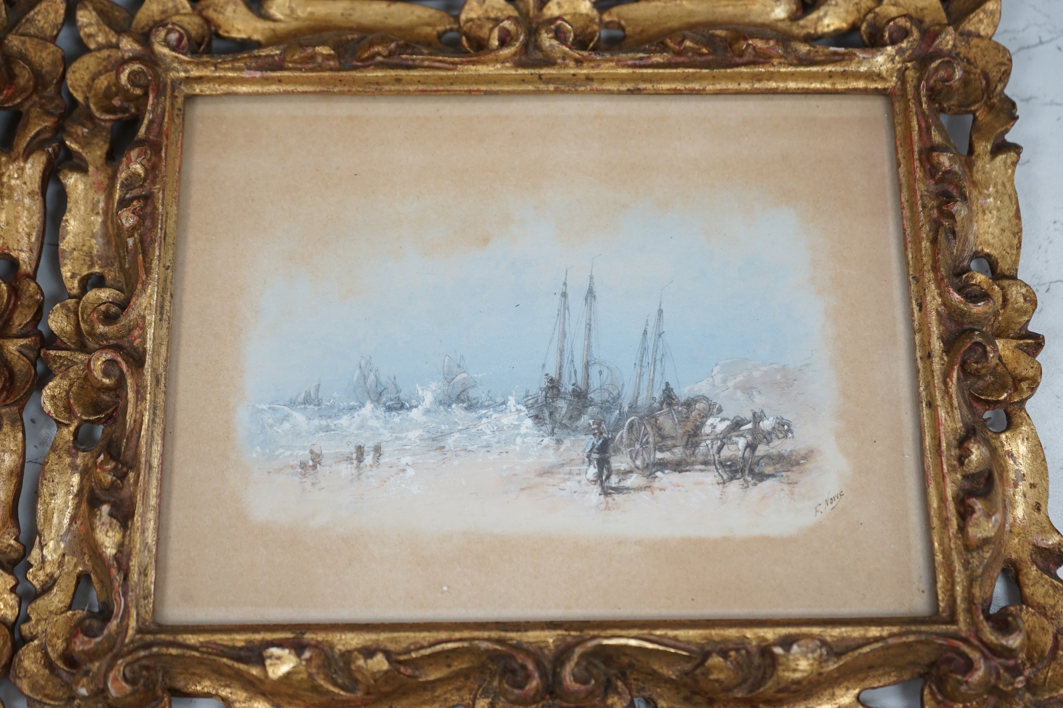 Frank V. Norie (19th century), set of four pastel and mixed medias, Maritime and coastal scenes, each signed, 15 x 19cm, ornate gilt framed. Condition - poor to fair